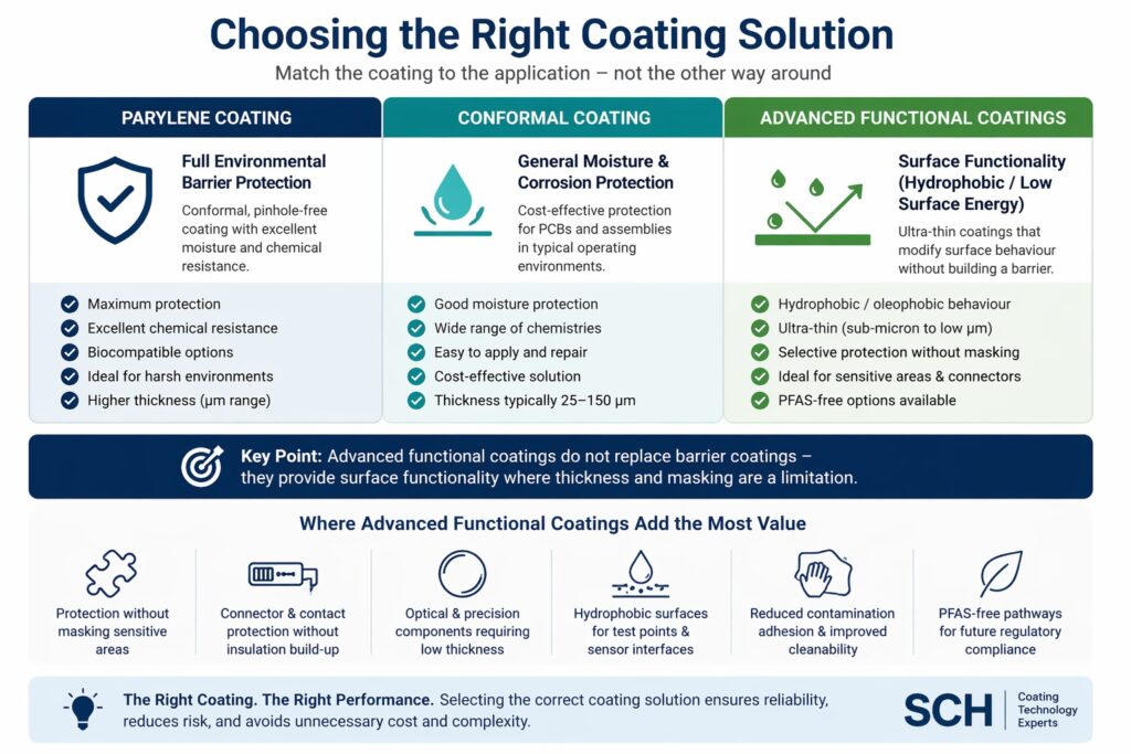 Advanced functional coatings compared with conformal coating and parylene for electronics showing low-build surface performance and selective protection