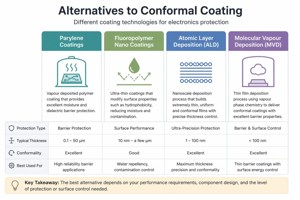 Alternatives to conformal coating infographic showing parylene, fluoropolymer nano coatings, ALD and MVD for PCB protection