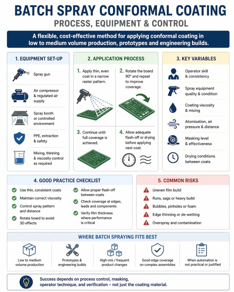 Batch spray conformal coating process infographic showing equipment setup, spray application steps, key variables and common risks