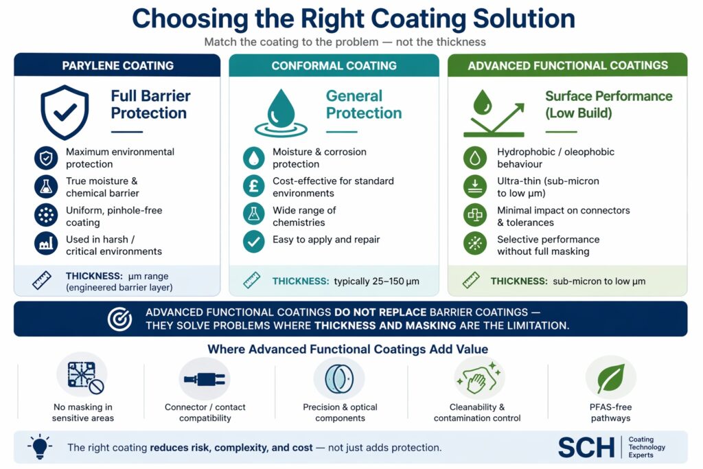 Comparison of parylene coating, conformal coating, and advanced functional coatings