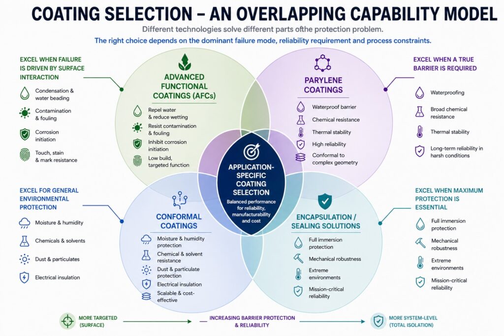 Coating selection overlap model showing how advanced functional coatings, conformal coating and Parylene overlap depending on failure mode and application requirements