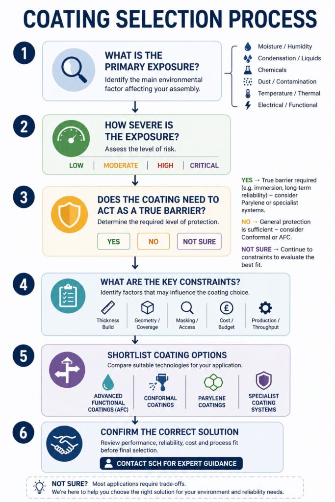 Coating selection process flowchart showing how to choose between conformal coating, Parylene and advanced coatings