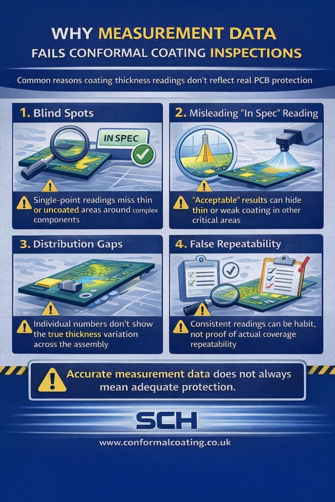 Conformal coating measurement data reliability issues showing single-point readings, misleading in-spec results and hidden thickness variation on PCBs