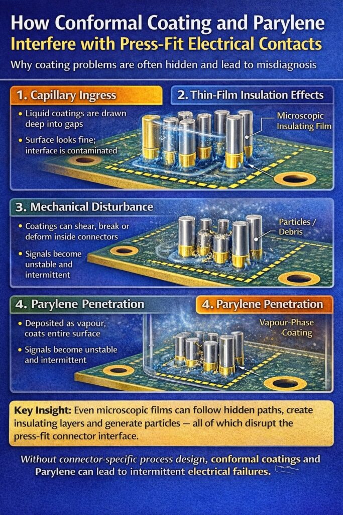 Conformal coating and Parylene interference in press-fit connectors showing capillary action, thin film insulation and electrical contact failure mechanisms