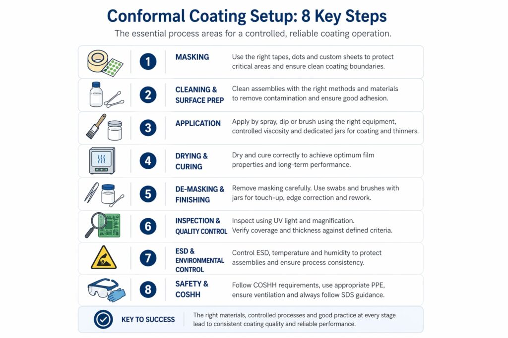 Infographic showing conformal coating setup process including masking cleaning application curing inspection and rework steps