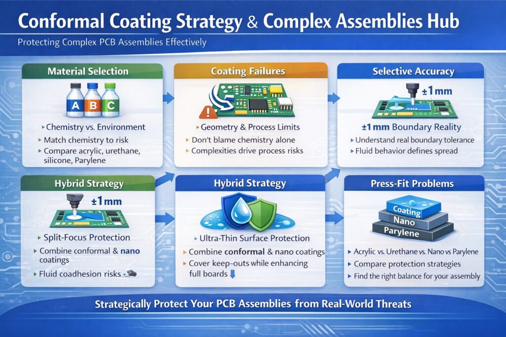 Infographic showing conformal coating strategy for complex PCB assemblies including material selection, coating failures, selective accuracy, hybrid coating and press-fit connector risks