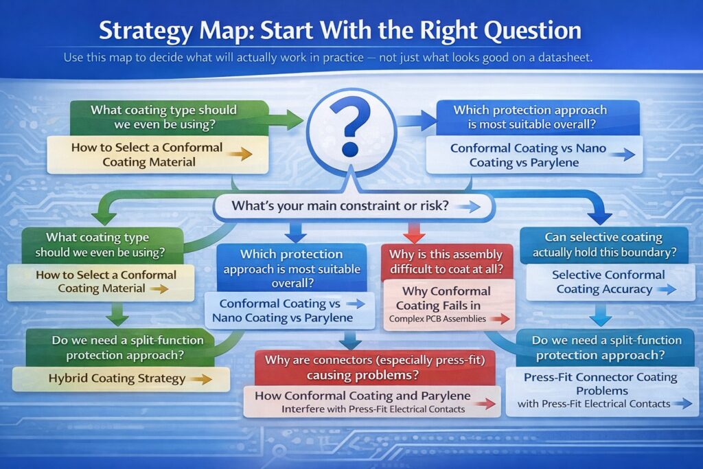 Conformal coating strategy map for complex PCB assemblies showing material selection, coating comparison, selective coating accuracy, nano coating limitations, hybrid coating strategy and press-fit connector risks