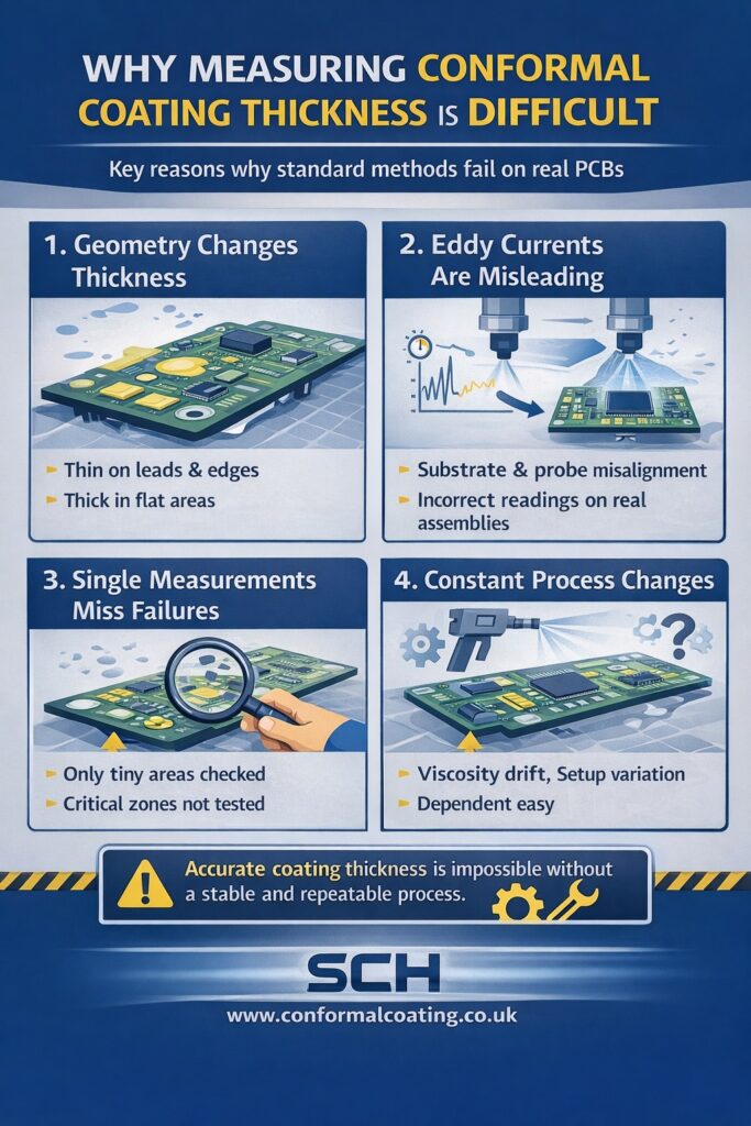 Conformal coating thickness measurement problems on PCBs showing geometry variation, eddy current limitations and inconsistent coverage