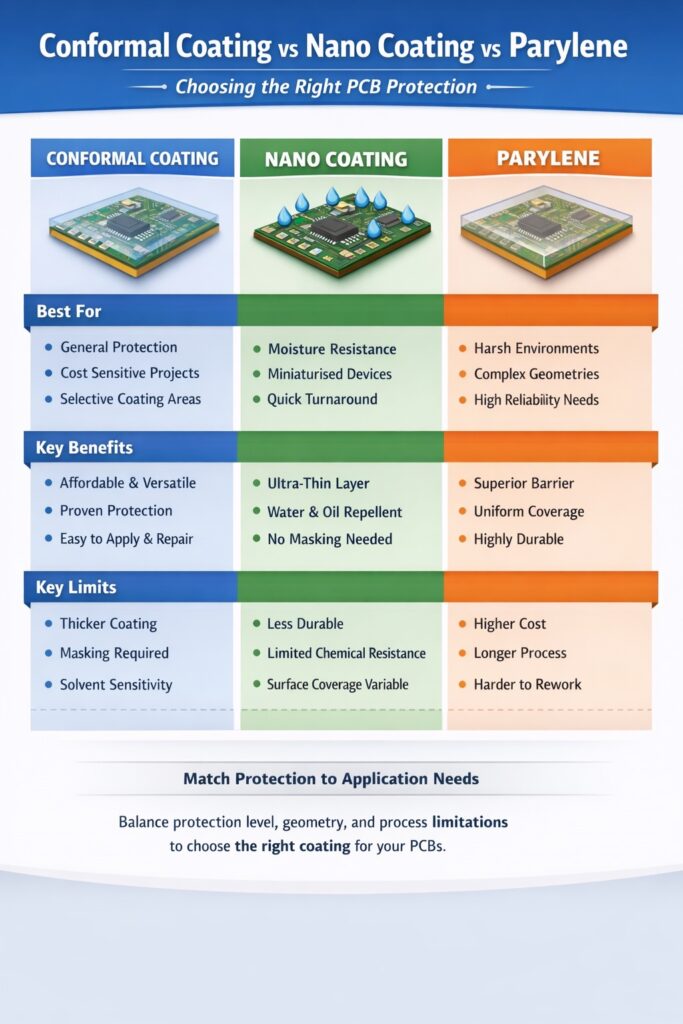 Conformal coating vs nano coating vs Parylene infographic comparing PCB protection methods including benefits, limitations and best use cases