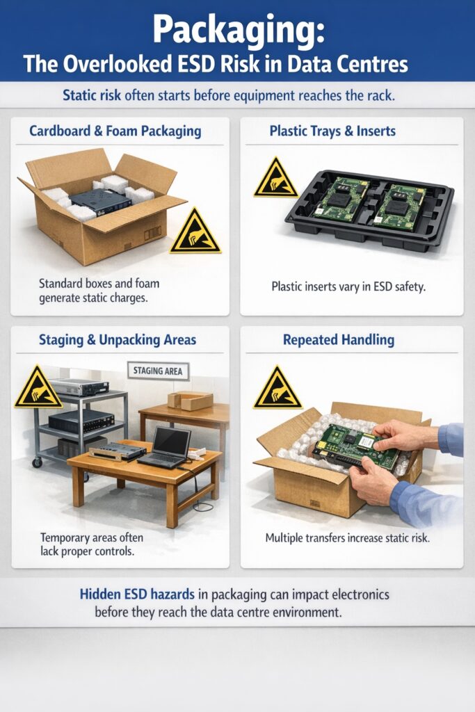 Packaging ESD risk in data centres infographic showing cardboard foam trays staging areas and handling environments where static can occur