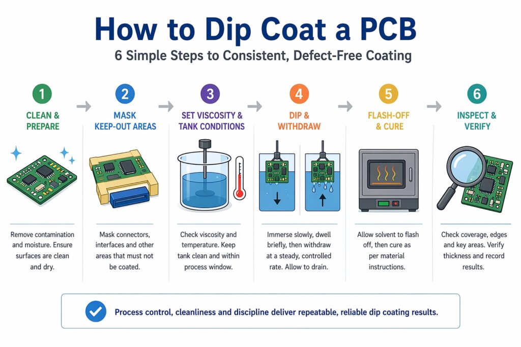 Dip coating PCB process infographic showing 6 steps: cleaning, masking, viscosity control, immersion, withdrawal, curing and inspection