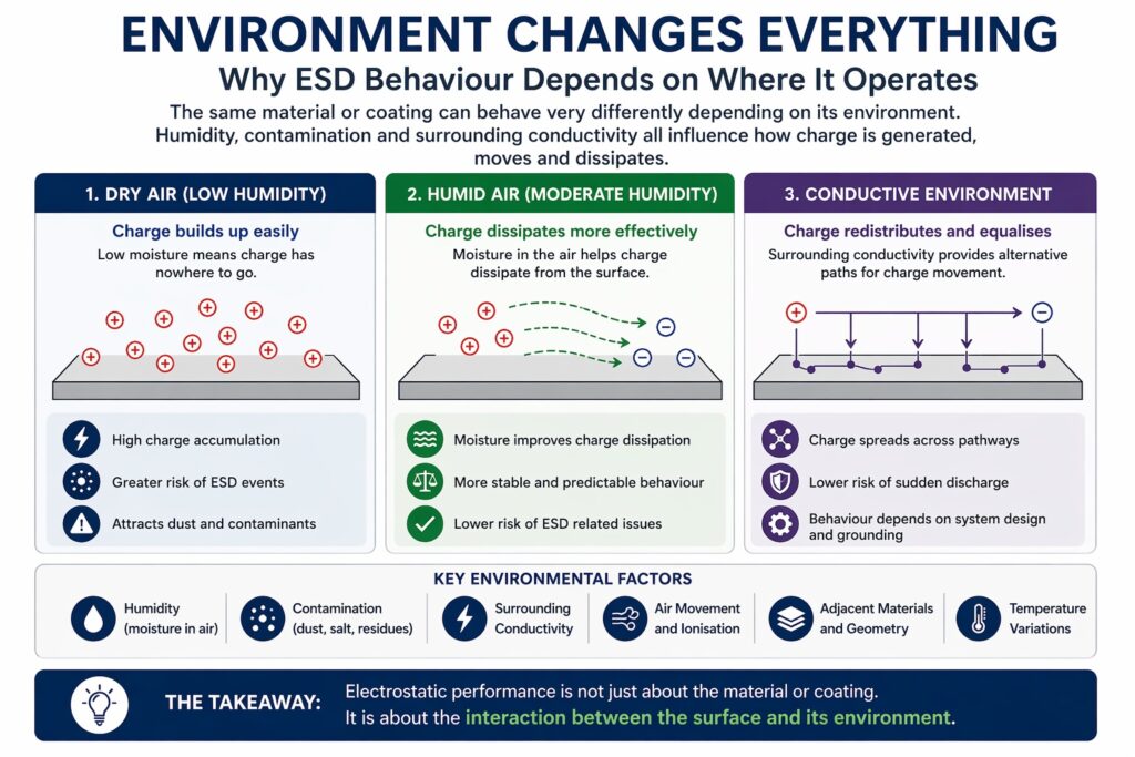 Infographic showing how electrostatic behaviour changes in dry air, humid conditions and conductive environments affecting charge accumulation and dissipation