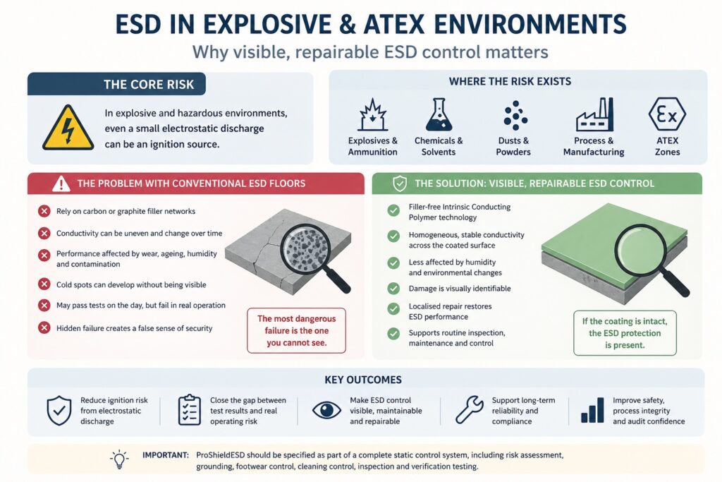 ESD risks in explosive and ATEX environments showing issues with conventional flooring and benefits of visible repairable static control