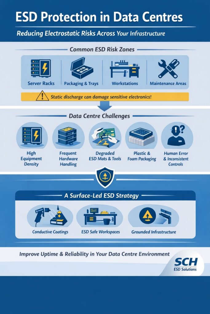 ESD protection in data centres infographic showing server racks, packaging, maintenance areas and surface-led static control strategy