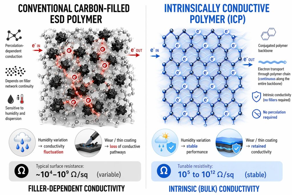 Filler-free ESD coating using intrinsically conductive polymer compared to carbon-filled ESD coating showing percolation-dependent conductivity and environmental sensitivity