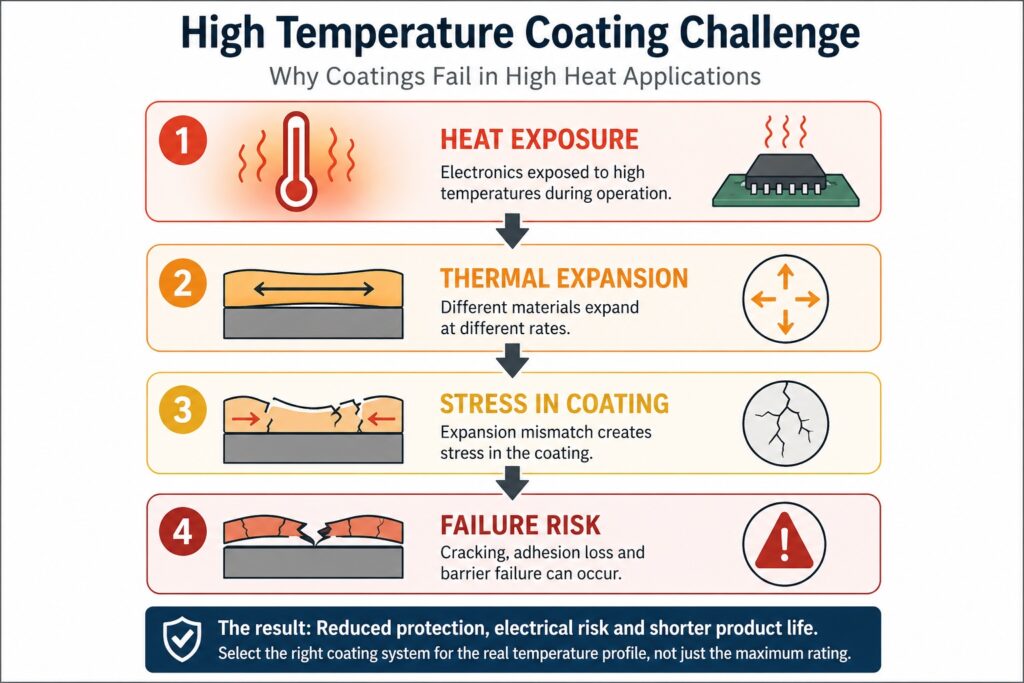 High temperature coating failure mechanism showing heat thermal expansion stress and coating failure risk in electronics