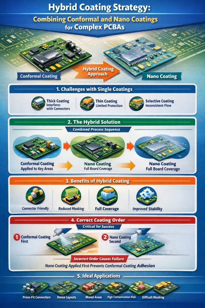 Hybrid coating strategy showing conformal coating on key PCB areas followed by full nano coating coverage for connectors, tight geometry and contamination protection