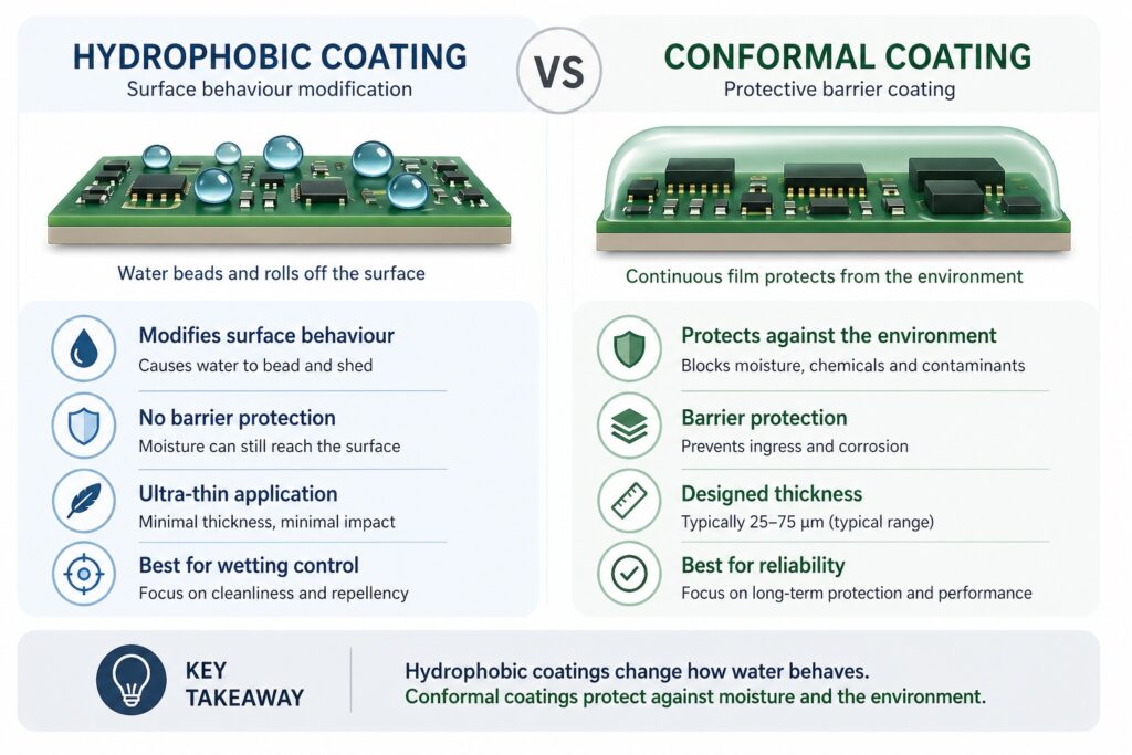 Hydrophobic coating vs conformal coating comparison showing surface behaviour vs protective barrier for electronics