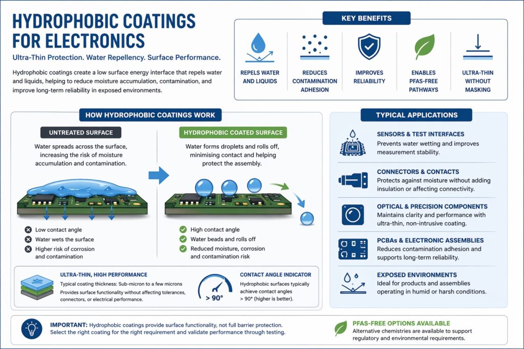 Hydrophobic coatings for electronics showing water repellency, high contact angle behaviour and ultra-thin coating performance on PCB assemblies
