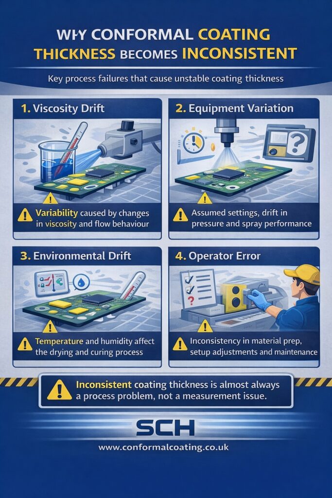 Inconsistent conformal coating thickness on PCBs caused by viscosity drift, equipment variation, environmental changes and operator setup differences