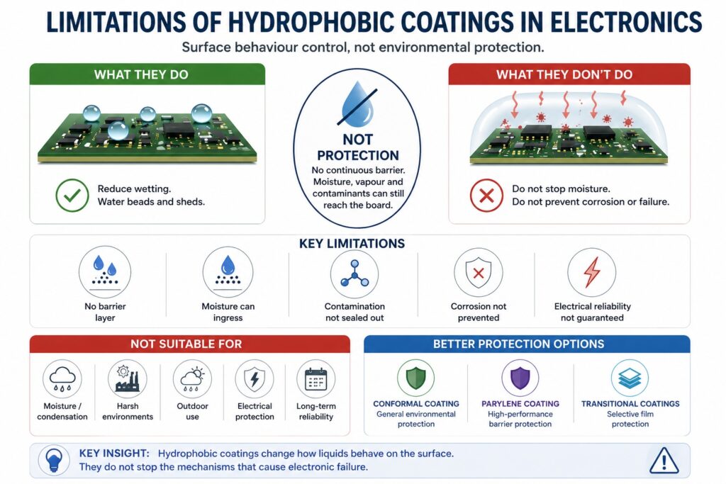 Limitations of hydrophobic coatings in electronics showing lack of barrier protection and risk of moisture, corrosion and failure