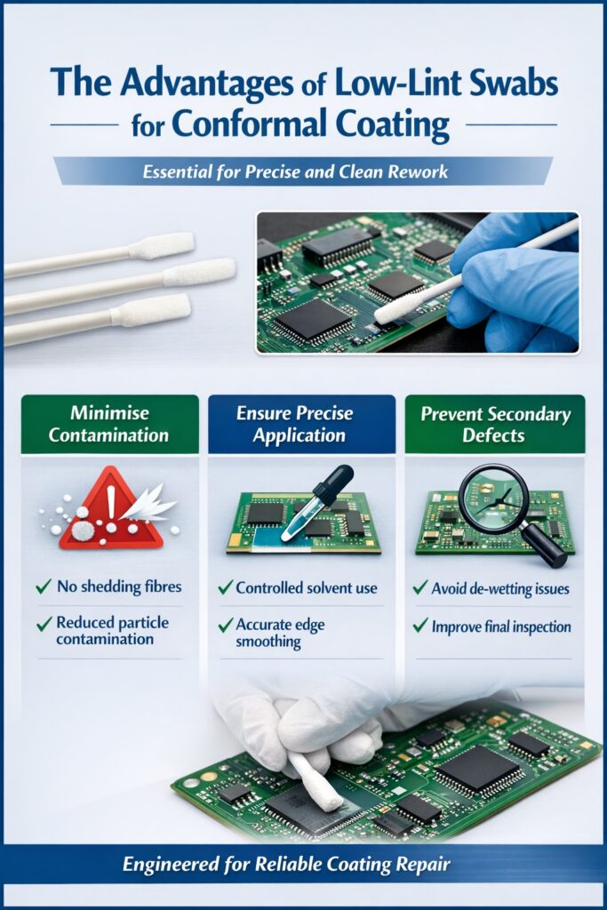 Low lint swabs for conformal coating rework showing contamination control, precise solvent application and defect prevention