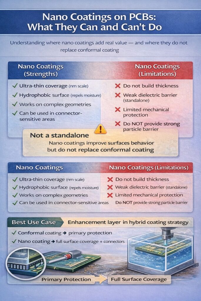 nano coating pcb infographic showing strengths and limitations highlighting that nano coatings are enhancement layers not standalone protection