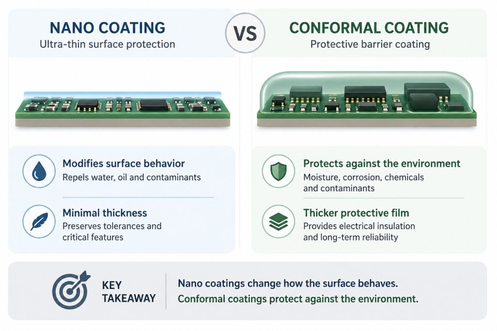 Nano coating vs conformal coating comparison showing ultra-thin surface protection vs full environmental barrier coating