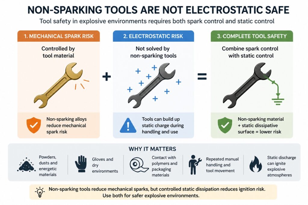 Non sparking tools static electricity risk showing spark control vs electrostatic charge dissipation