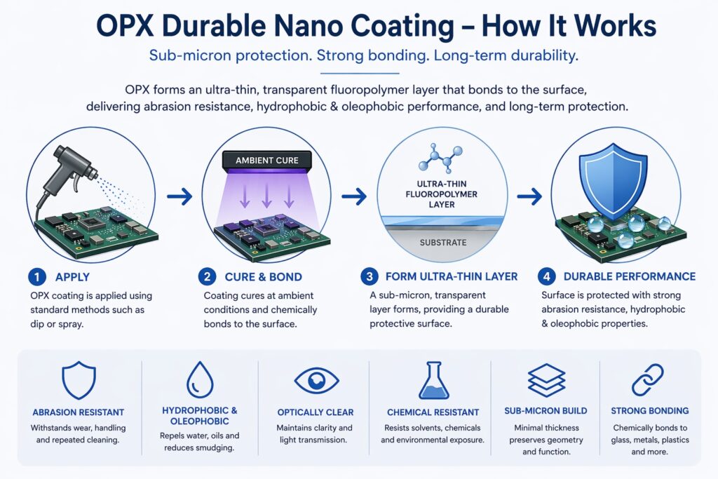 OPX ultra-thin fluoropolymer coating for electronics showing sub-micron abrasion-resistant hydrophobic surface protection