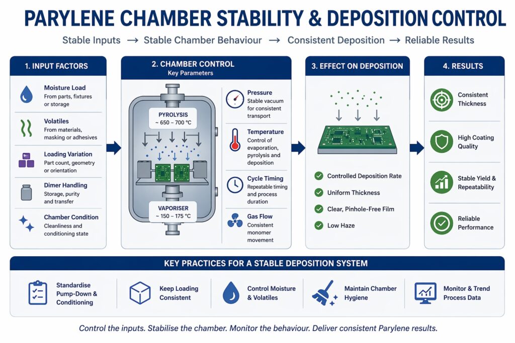 Parylene chamber stability infographic showing input control, process parameters and their impact on coating consistency and production yield
