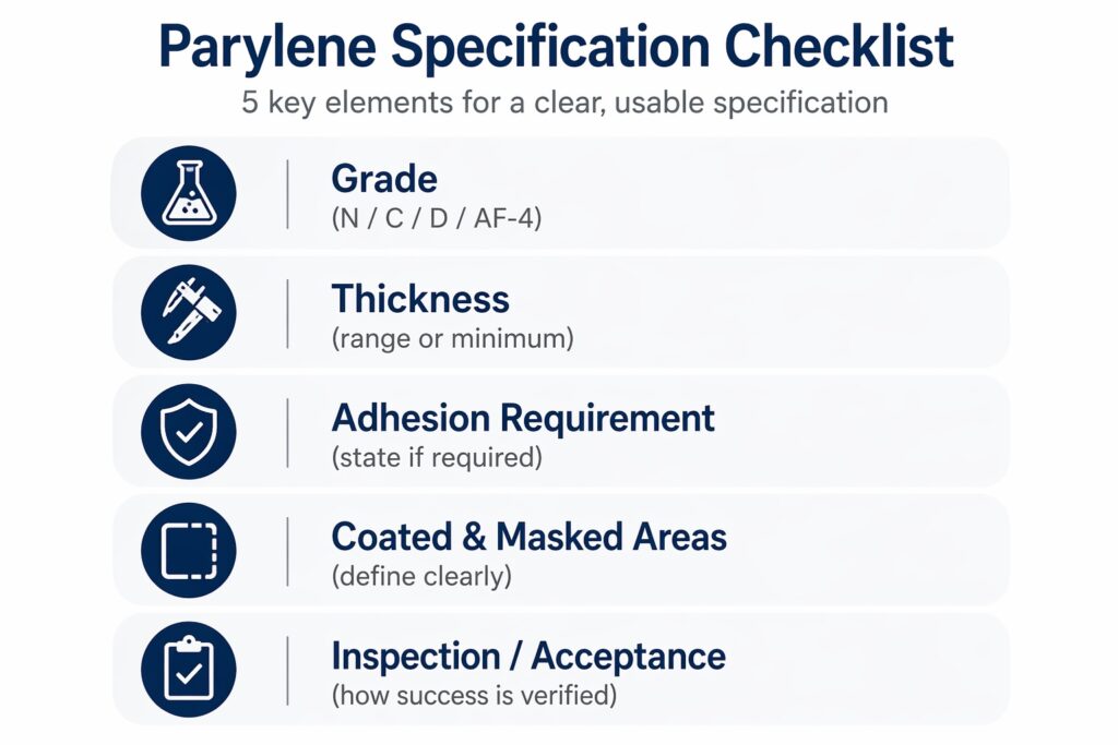 Parylene coating specification checklist showing grade thickness adhesion masking and inspection requirements