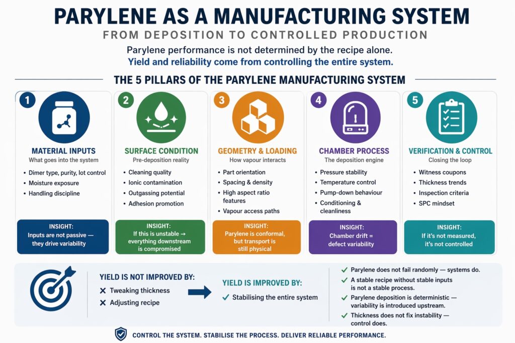 Parylene manufacturing process control infographic showing five pillars: material inputs, surface condition, geometry and loading, chamber process, and verification control