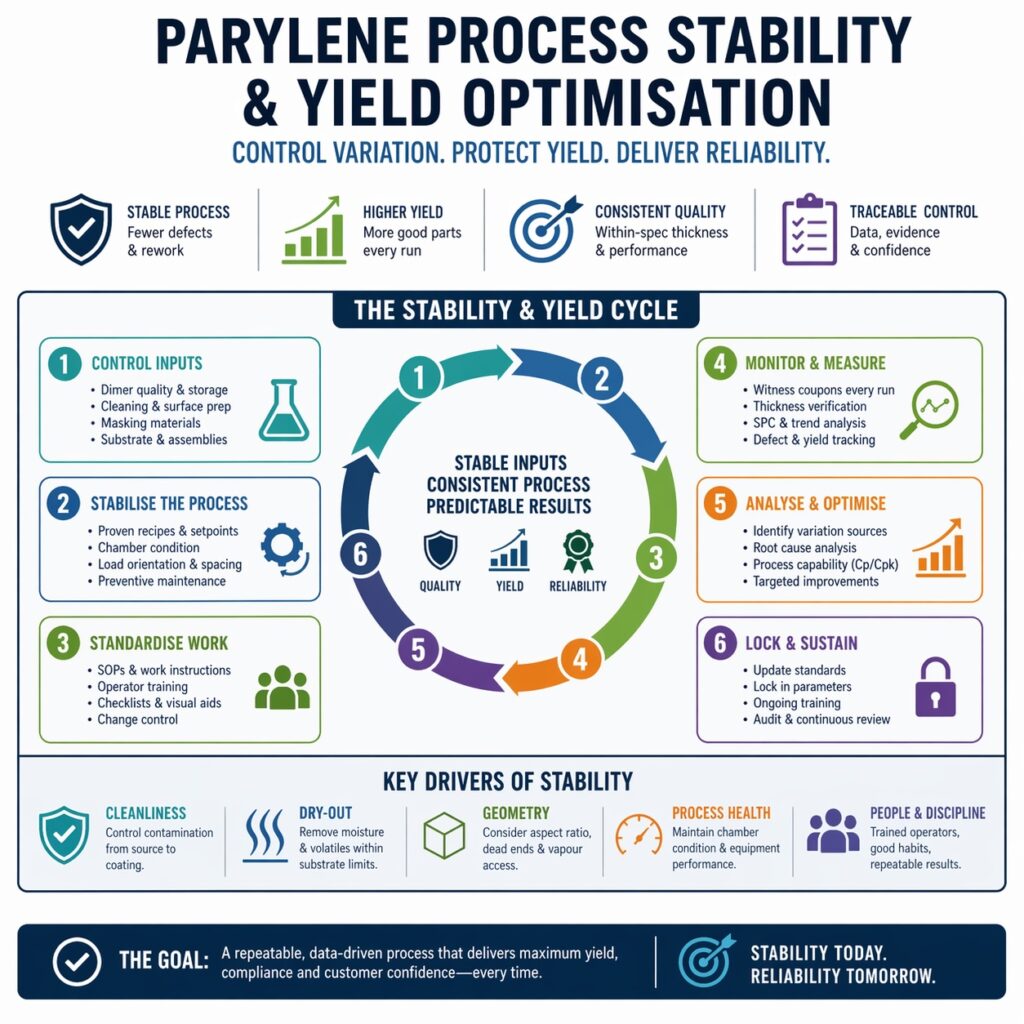 Parylene process stability and yield optimisation infographic showing input control, process consistency, monitoring, analysis and sustained production control