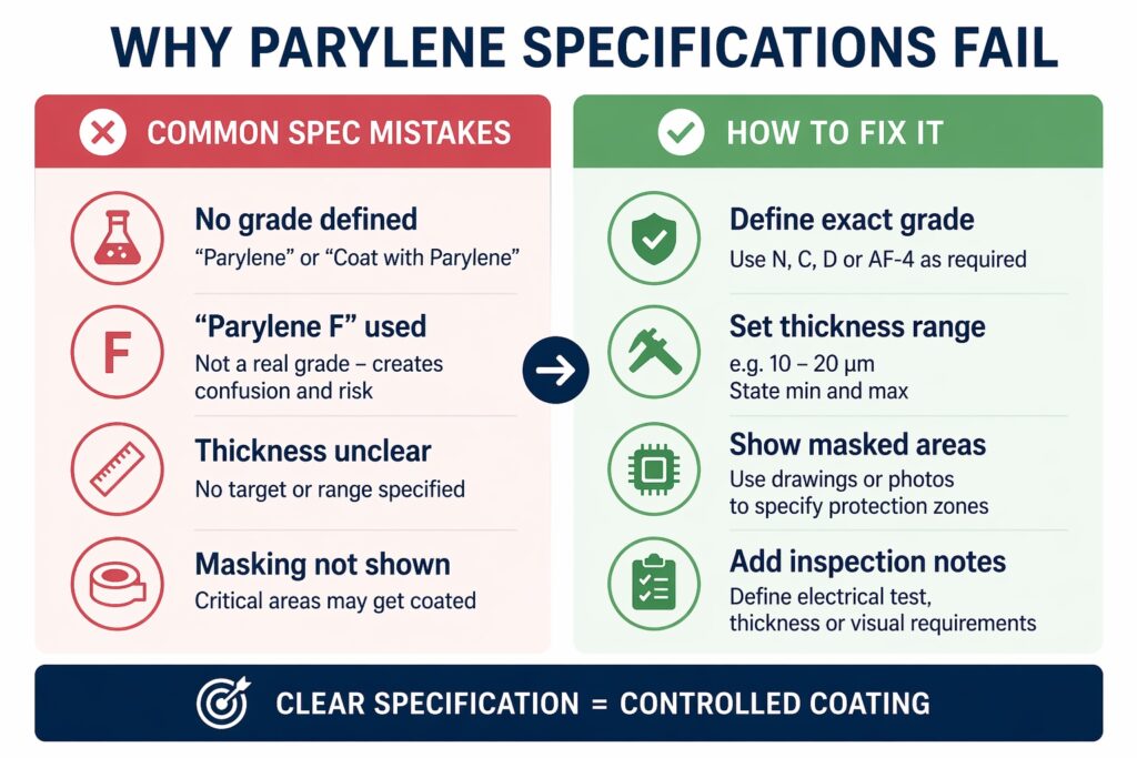 Infographic showing why Parylene coating specifications fail and how to fix them with clear grade thickness masking and inspection requirements
