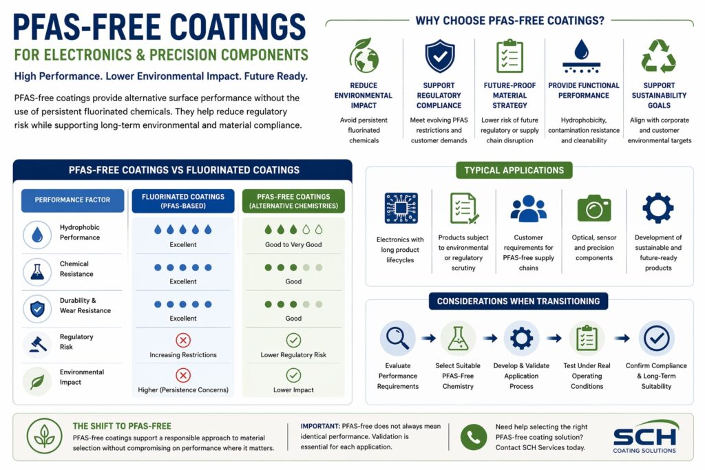 PFAS-free coatings for electronics and PCB assemblies showing comparison with fluorinated coatings, regulatory impact and alternative surface performance