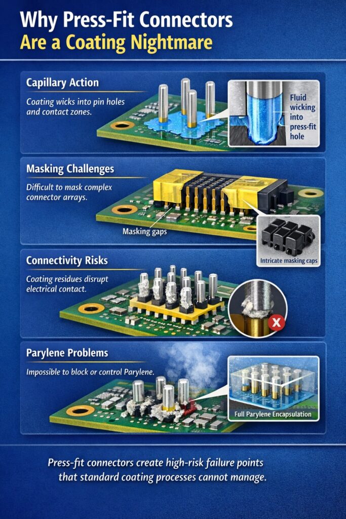 Press-fit connector coating problems infographic showing capillary action, masking challenges and electrical contact risks in conformal coating