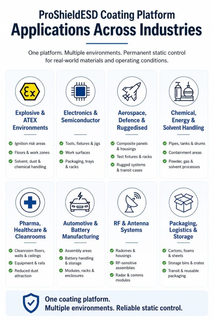 ProShieldESD applications across industries showing static control in explosive environments electronics aerospace chemical pharma automotive RF and packaging