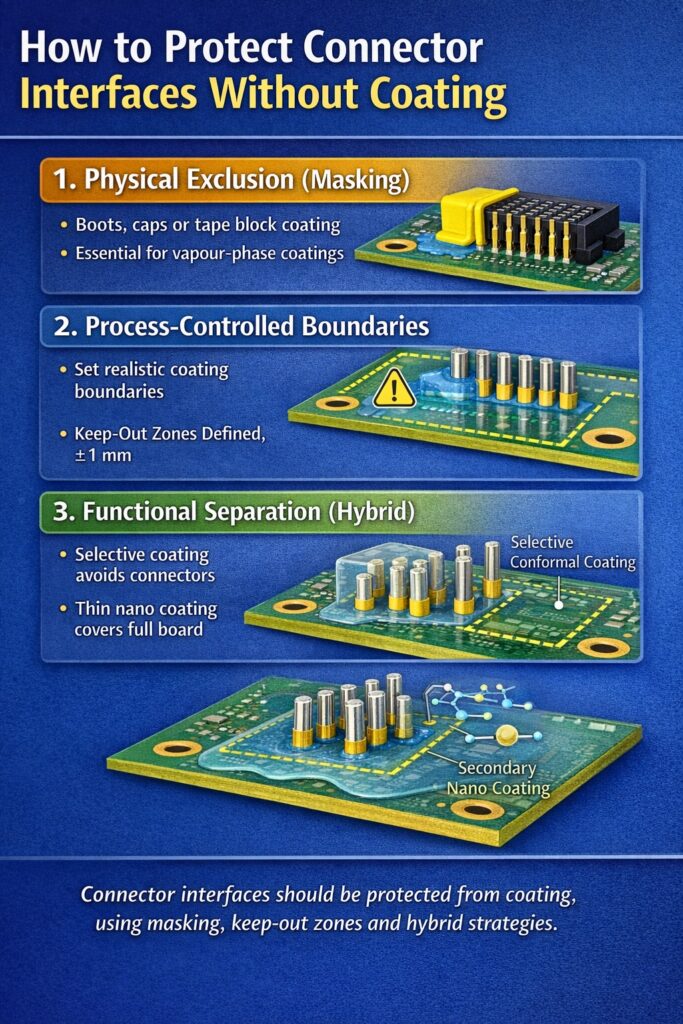 Protecting connectors during conformal coating using masking, keep-out zones and hybrid coating strategies to prevent electrical contact contamination