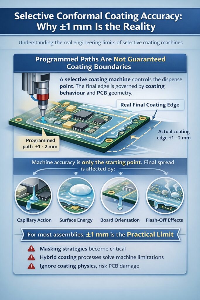 selective conformal coating accuracy showing coating spread beyond programmed path on pcb