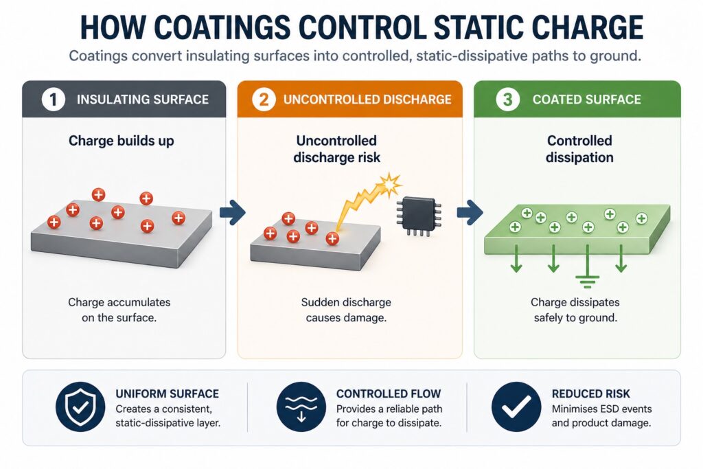 Diagram showing how coatings control static charge by converting insulating surfaces into controlled static-dissipative paths to ground