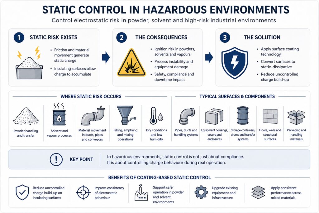 Static control in hazardous environments showing electrostatic charge risk in powders and solvents and how surfaces are made static-dissipative