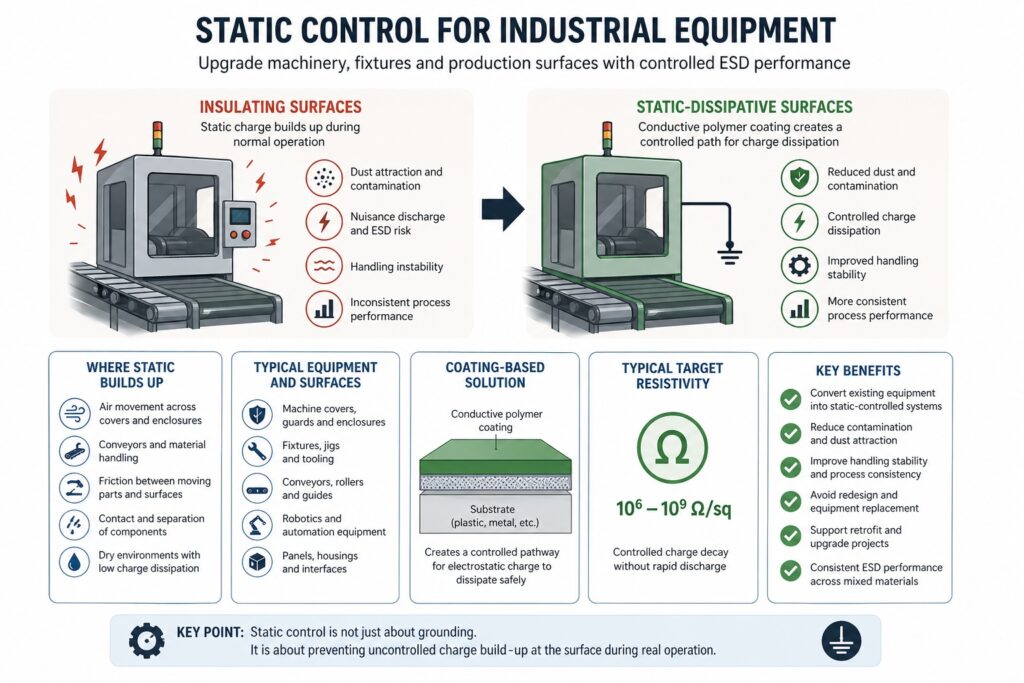 Static control for industrial equipment diagram showing insulating machinery surfaces converted into static-dissipative surfaces using conductive coating
