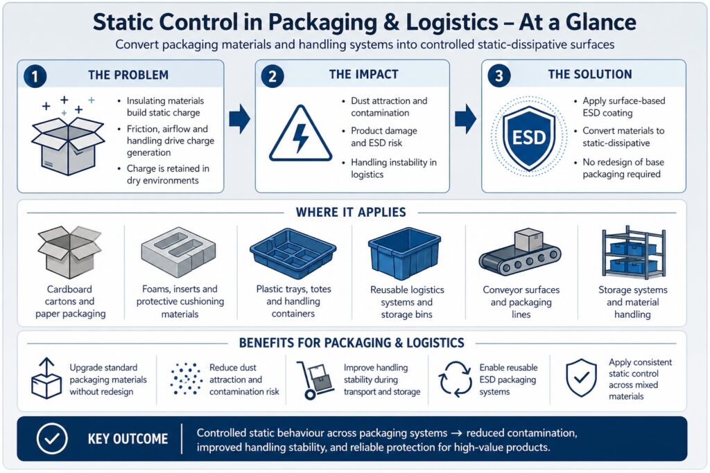 Static control in packaging and logistics showing how insulating materials generate electrostatic charge, the impact on contamination and ESD risk, and how coatings convert surfaces to static-dissipative