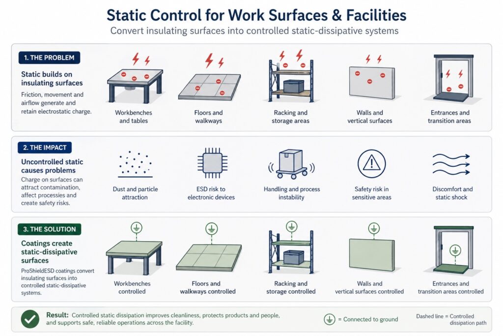 Static control for work surfaces and facilities showing benches floors and equipment surfaces converted into static dissipative surfaces using conductive coating