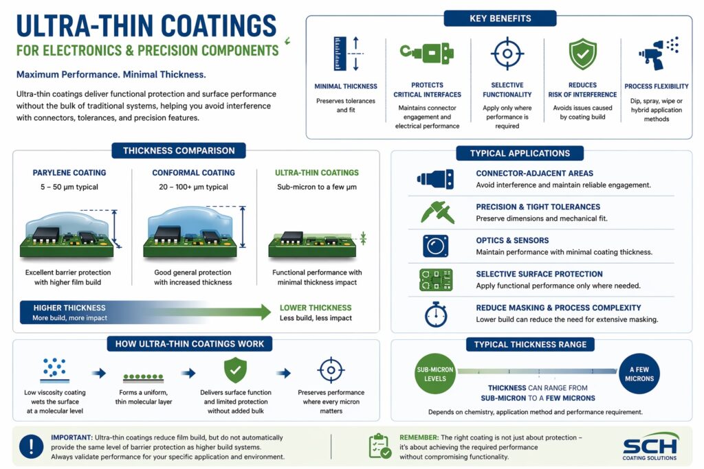 Ultra-thin coatings for PCB assemblies and electronics showing minimal thickness build, connector compatibility and precision component protection
