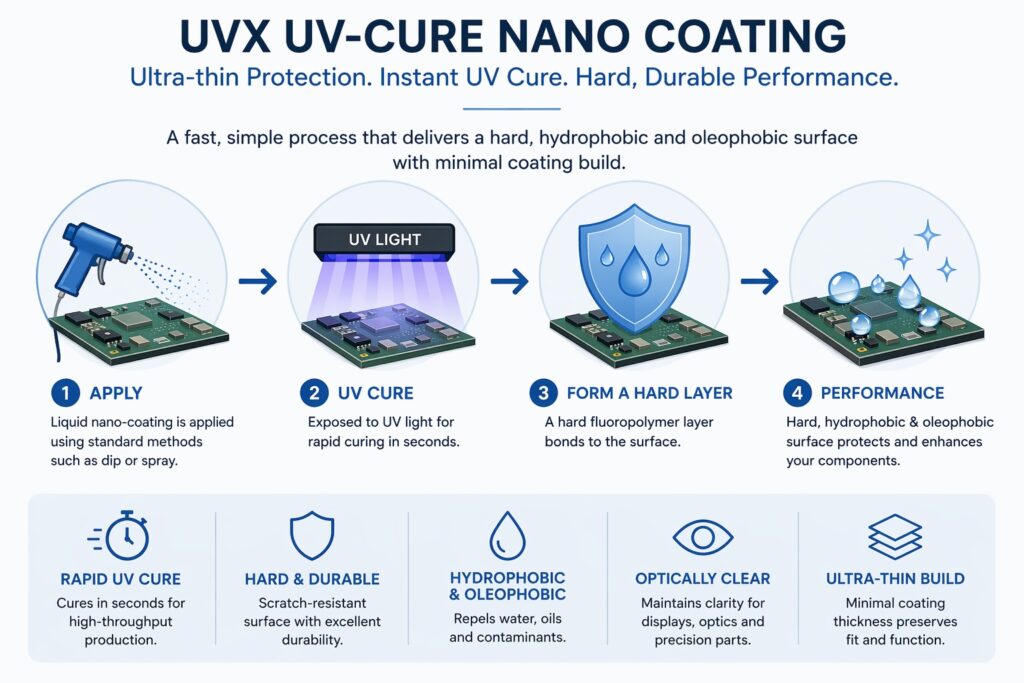 UVX UV-cure nano coating process for electronics showing application, rapid curing and formation of a hard hydrophobic and oleophobic surface