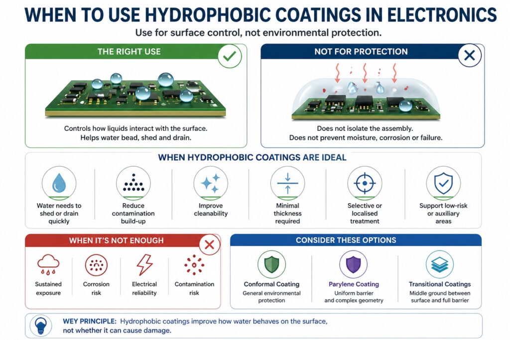 When to use hydrophobic coatings in electronics showing surface behaviour control vs lack of environmental protection