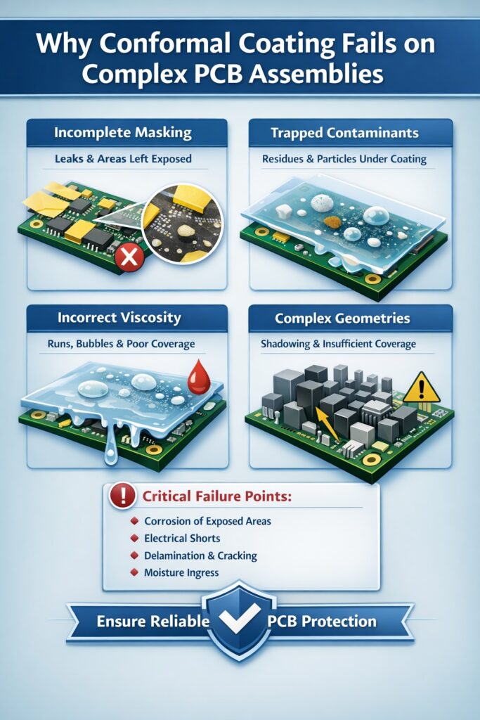 why conformal coating fails on complex PCB assemblies due to masking, contamination, viscosity and geometry