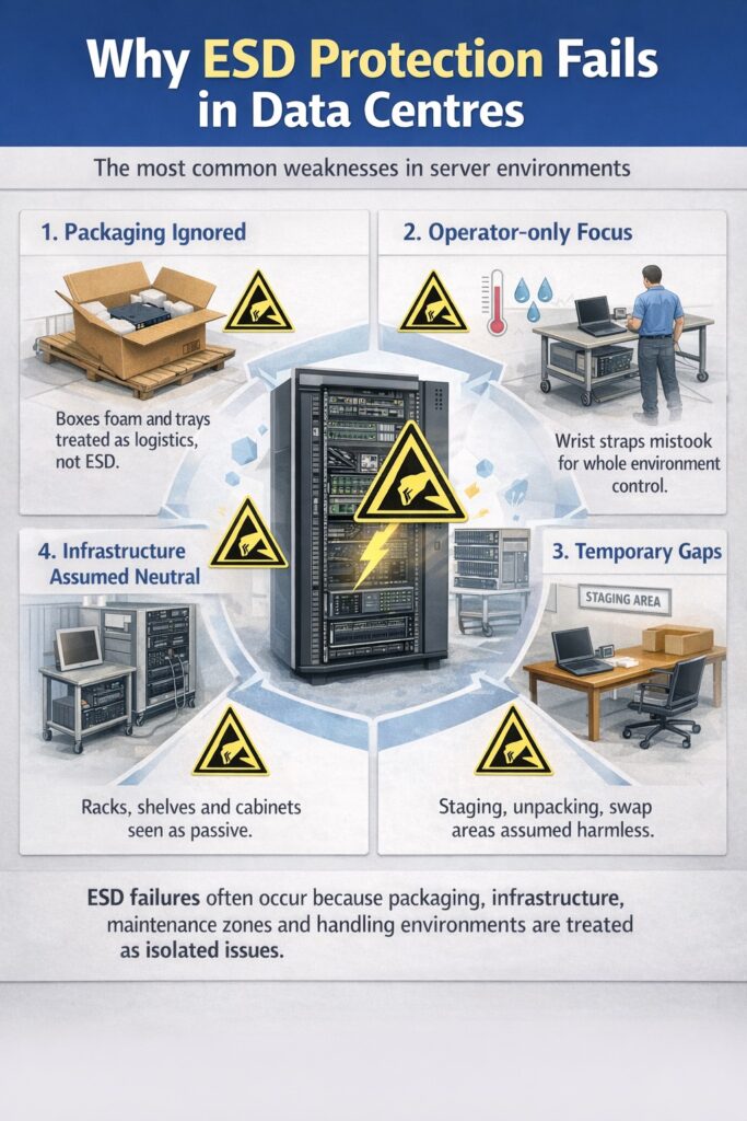 Why ESD protection fails data centres infographic showing packaging infrastructure maintenance and handling gaps causing electrostatic risk